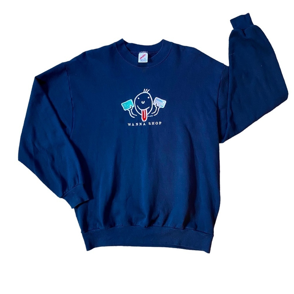 Vintage 1995 “Wanna Shop” Navy Blue Jerzees Sweatshirt